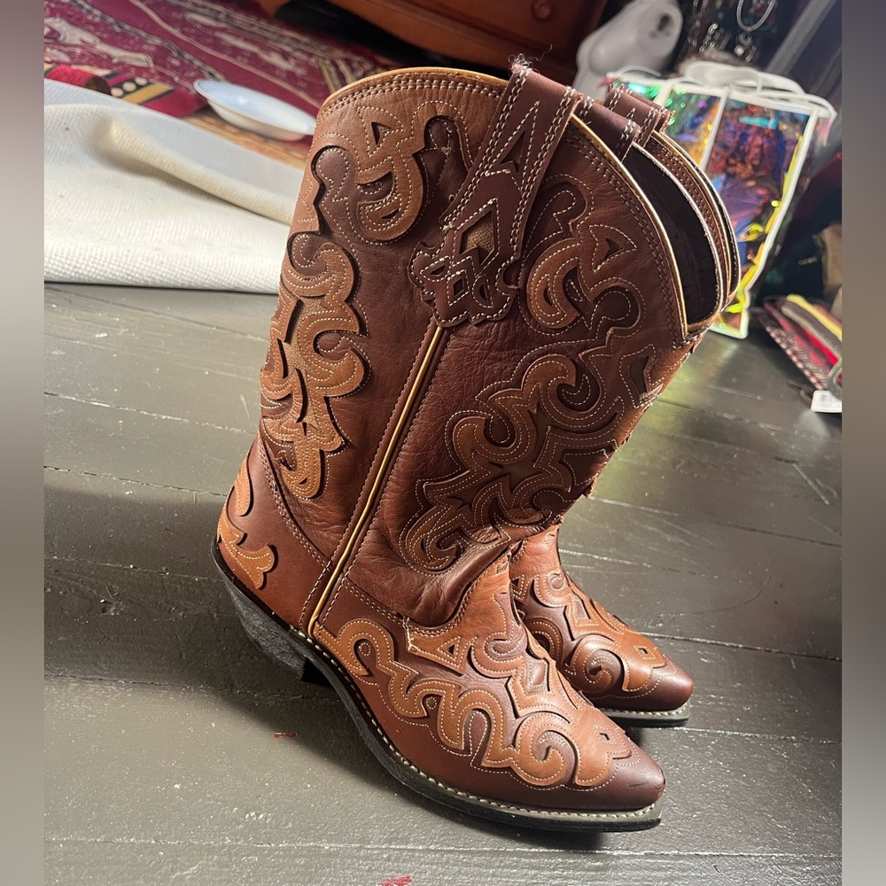 Rockin Country brown leather embroidered 8M western cowboy boots - Picture 7 of 9